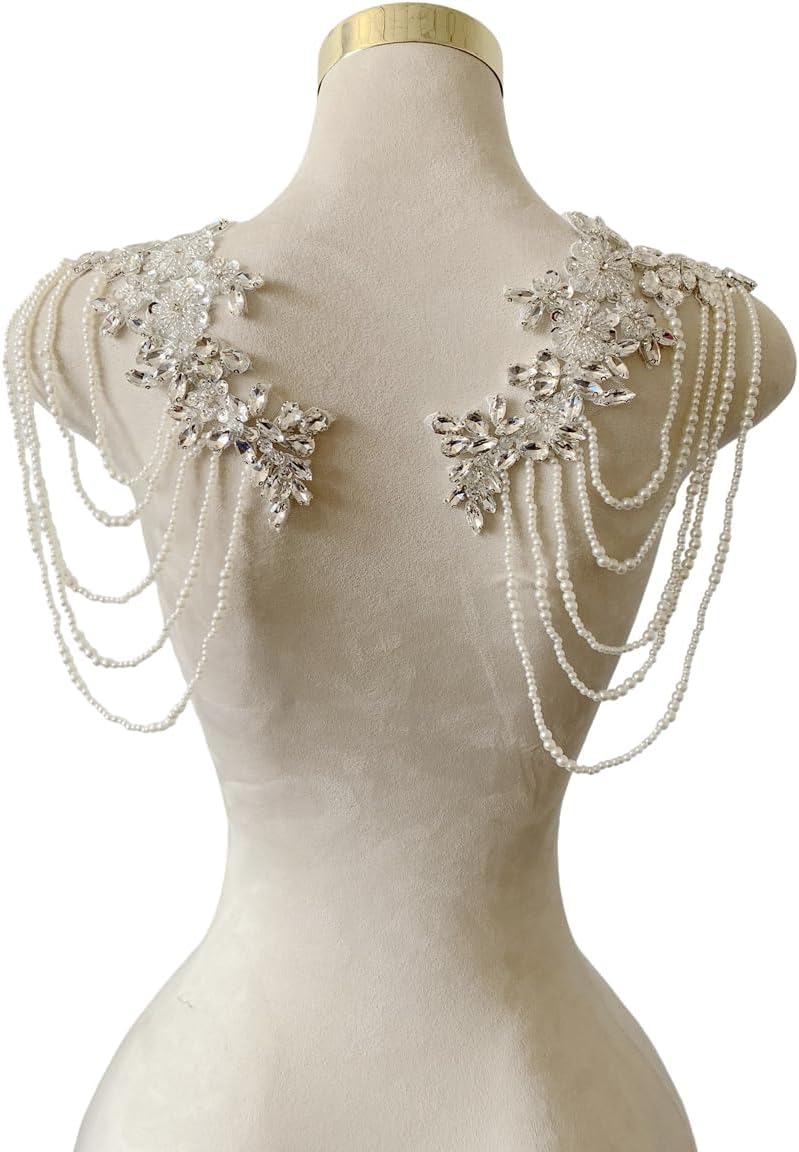 wtbvn 1 Pair Beaded Rhinestones Applique Embellishment for Clothes Epaulettes Shoulder Patches Sew-on Diamond Sequin Tassels Applique for Wedding Dress DIY Accessories 9.8X10.2inches (Silver) - Image 1